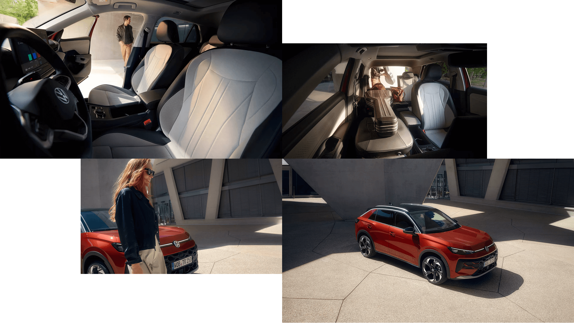 Attēlu kopa ar sarkano Volkswagen T-Roc un tā interjera detaļām pilsētas vidē.