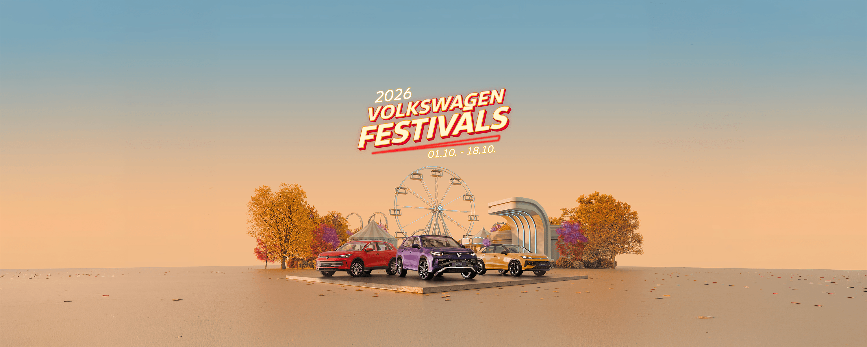 Spilgti dzeltens jaunais Volkswagen T-Roc modelis brauc pa saulainu, modernu, arhitektonisku pilsētas vidi.