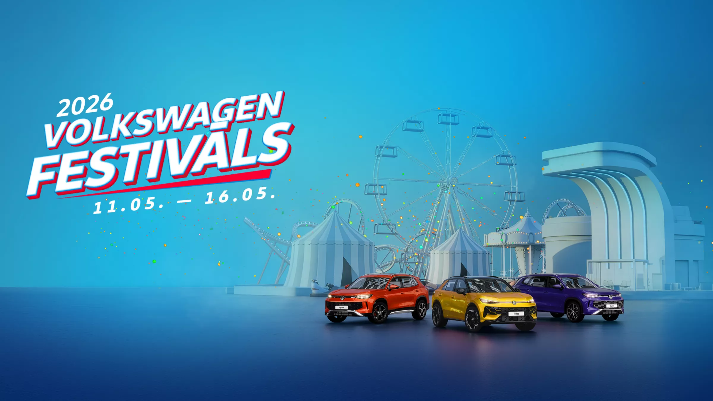 Šeit ir šī attēla alternatīvais teksts (alt text) latviešu valodā:  „Reklāmas attēls pasākumam „2026 Volkswagen Festivalis” ar datumiem „05.11. – 05.16.”, kas izcelti ar lieliem, slīpiem baltiem un sarkaniem burtiem. Priekšplānā vienā rindā novietoti trīs